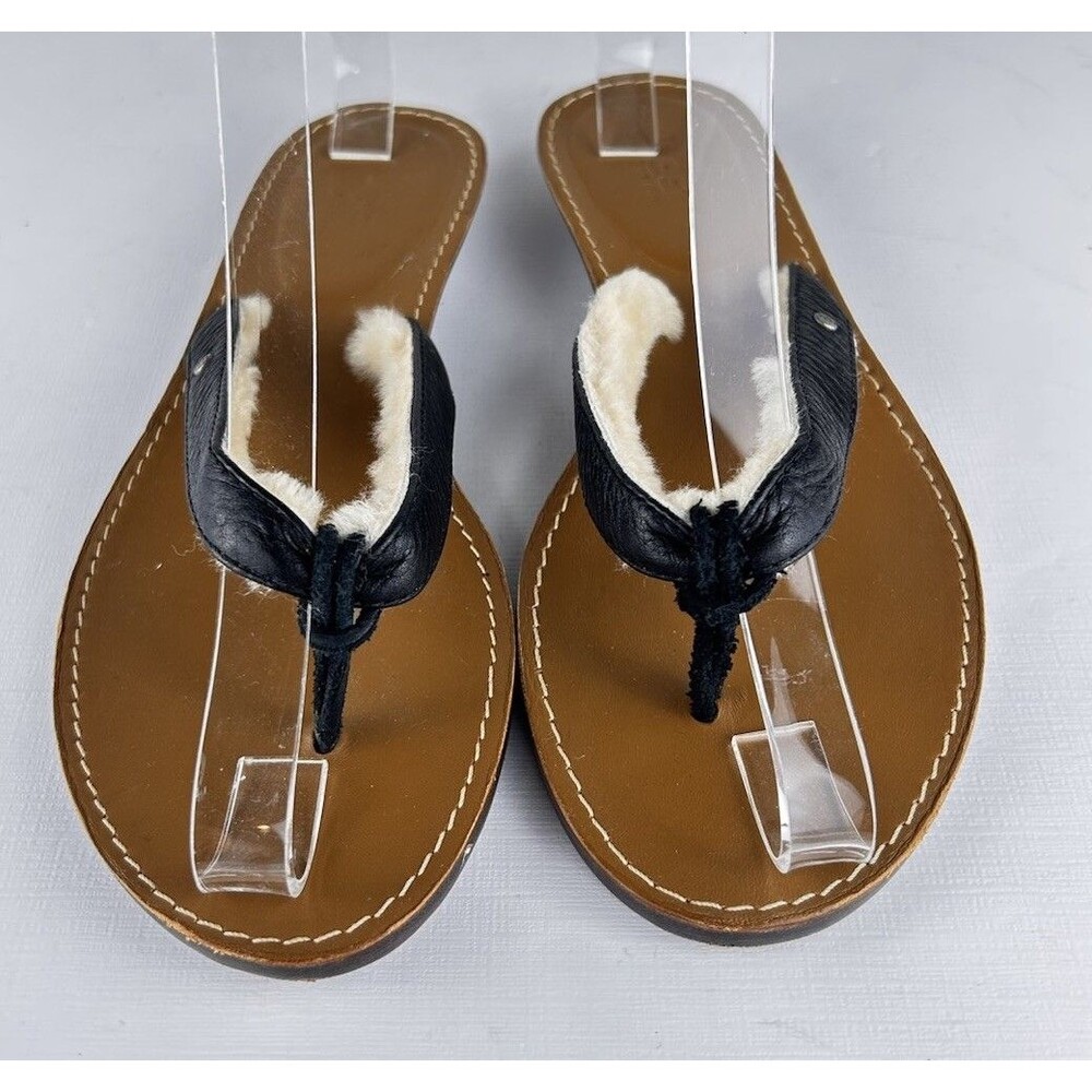 UGG PERSEPHONE Black leather Sherpa Lined Thong  Sandals Flip Flop Size 6